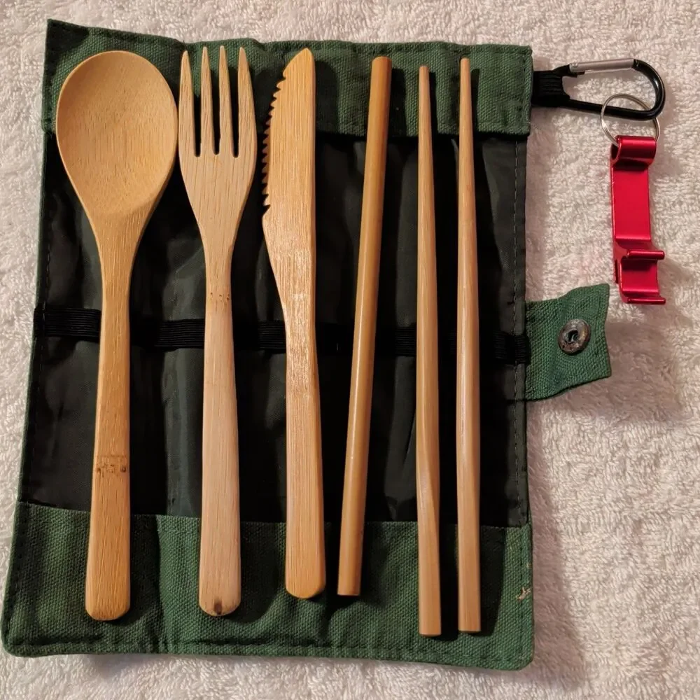 Bamboo Utensil Travel Pouch Set, Knife, Fork, Spoon, Chopsticks, Bottle opener
